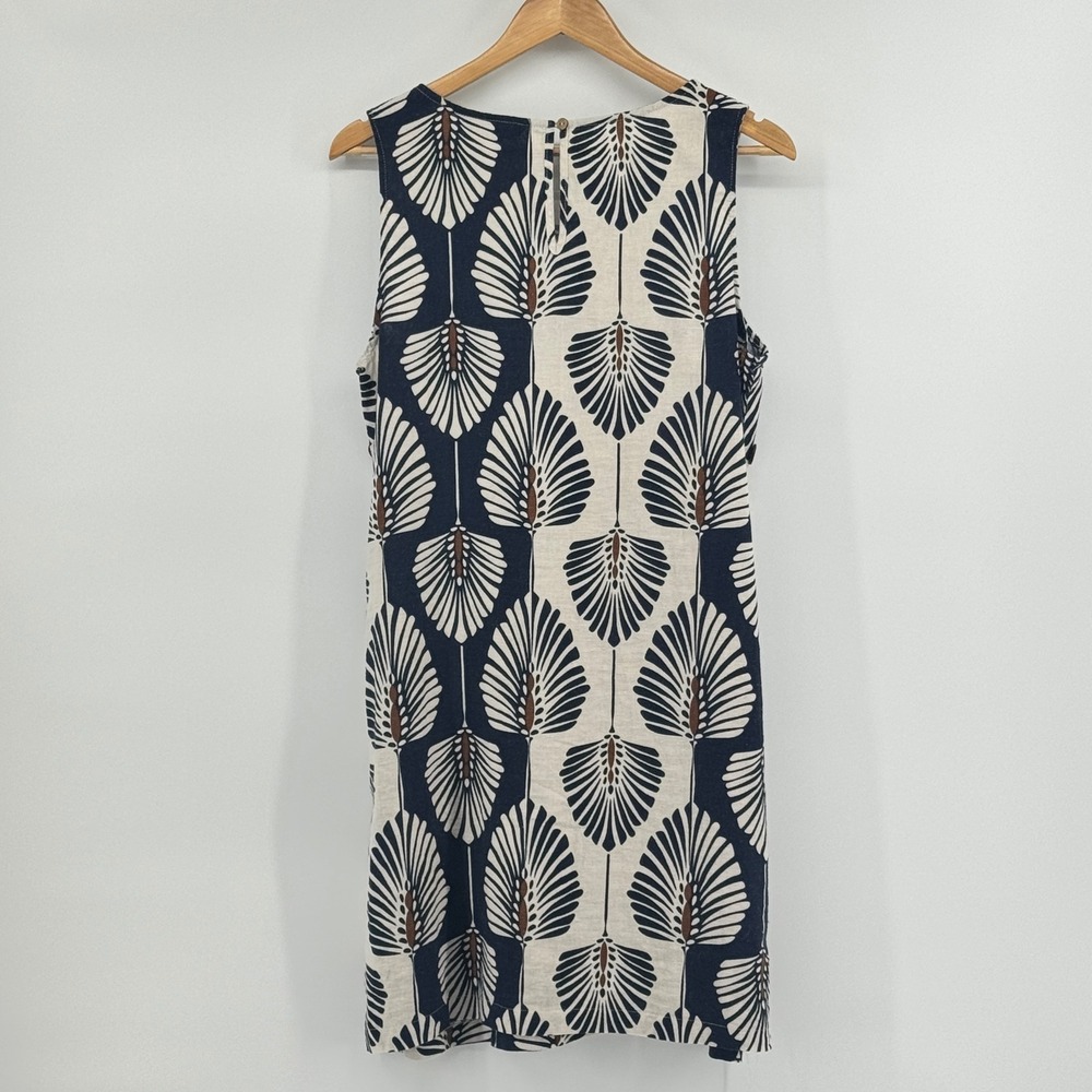 Charlie B Navy Cream Palm Fan Print Linen Blend Shift Dress Side Buttons‎ Medium - Picture 2 of 9